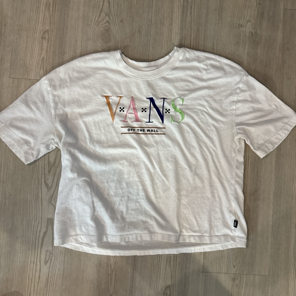 Vans White Tee with Multicolor Embroidered Logo